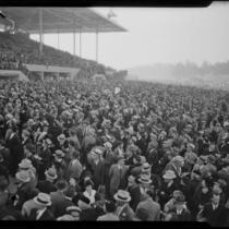 Spectators in the grandstand at Santa Anita Park on Christmas, the first day it opened, Arcadia, 1934