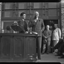 Santa Monica City Hall dedication, Mayor Edmond S. Gillette speaking, Santa Monica, 1939
