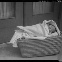 Baby in basket at doorstep, Los Angeles, circa 1935