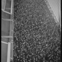 Spectators in the grandstand at Santa Anita Park the month it opened, Arcadia, 1934