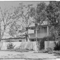 Rancho Los Cerritos, view from forecourt of towards the restored house, wall and gate, Long Beach, 1931