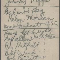 Handwritten note listing musicians in Hap Allen's Lake Arrowhead Orchestra, 1929