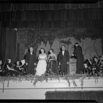 Concert with singers and orchestra onstage, related to production of La Traviata, Hollywood or Pomona, 1949