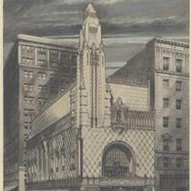 Tower Theatre, Los Angeles, Photograph of rendering, hand-colored with pastel, colored pencil (?), watercolor.