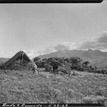 Lean-to with thatched roof and stone wall at end in a field between Ronda and Granada, Spain, 1929