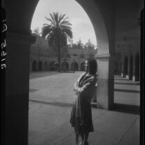 Adele Arconti in courtyard, Plaza Church, Los Angeles, 1931