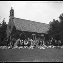 Flowers placed at the Wee Kirk O' the Heather chapel, in honor of Jean Harlow after her sudden death, Los Angeles, 1937