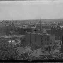 Panoramic view looking south from First Street and Hill Street toward Broadway, Los Angeles, circa 1882-1895