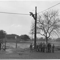 Man fixes lightning damage to a utility pole while young boys hold a piece of the pole that broke off during the storm, Anaheim, 1941