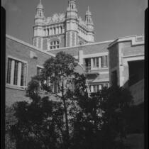 Los Angeles High School, view of tower from inner courtyard, Los Angeles, 1940