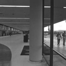 Transport Workers Union strikers outside of Los Angeles International Airport as ticket counters are empty within, 1969.