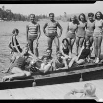 Young people in motorboat "Graceful" at dock, Lake Arrowhead, 1929