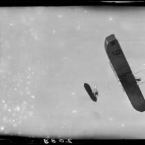 Biplane in air, photographed from below, Tanforan Racetrack, San Bruno, 1911