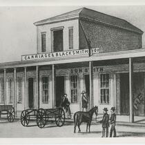 Drawing of a carriage and blacksmith shop, Los Angeles