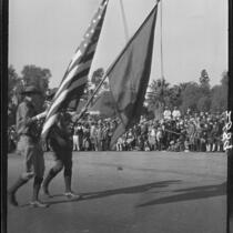 Color guard in Rose Parade, Pasadena, 1927
