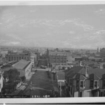Panoramic view of downtown Los Angeles from 1st Street looking southeast from Hill Street, Los Angeles, 1888-1895