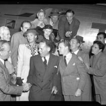 Actors boarding TWA plane for A.F.L. council meeting concerning American Federation of Actors, Los Angeles, Calif., 1944