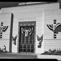 Santa Monica City Hall, facade, decorated for dedication, Santa Monica, 1939