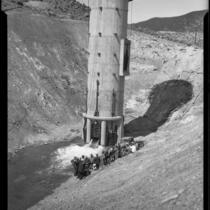 Officials at the inlet-outlet tower at the Bouquet Canyon Reservoir during the dedication ceremony, 1934