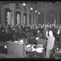 200 key city executives take the first loyalty oath in Los Angeles, Calif., 1948