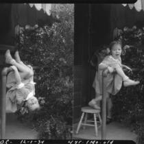 Two portraits of Rosita Dee Cornell playing on a backyard pipe railing, California, 1934